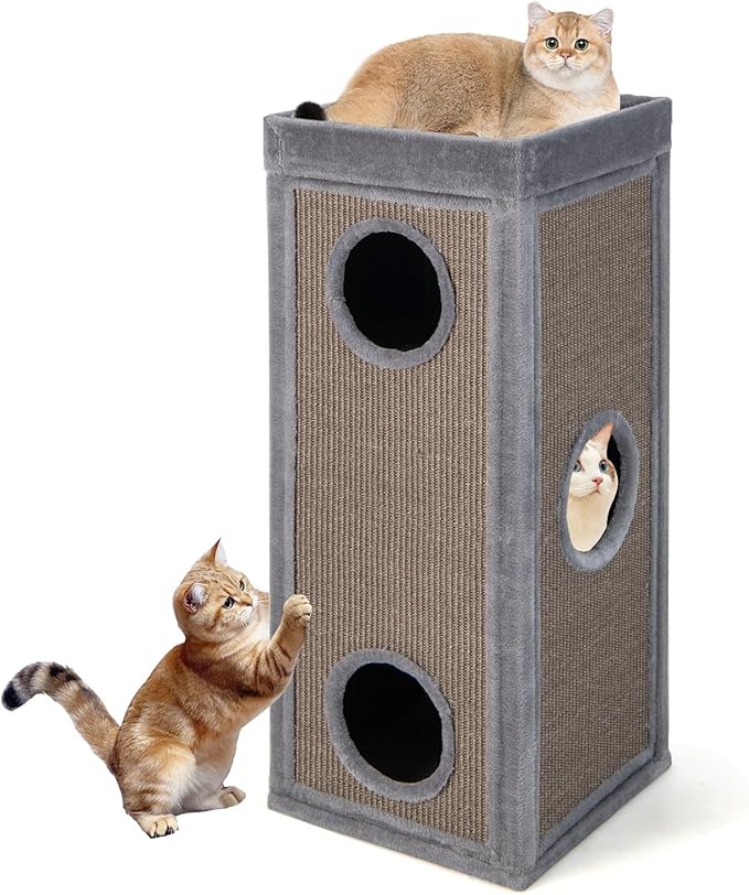 PETSITE 4-Story Cat Tree Condo Barrel Tower, 39 Inches Top High Edge Cat Condo Bed with Removable Cushion, Natural Sisal-Covered Scratching Board Indoor Cat Furniture, Grey