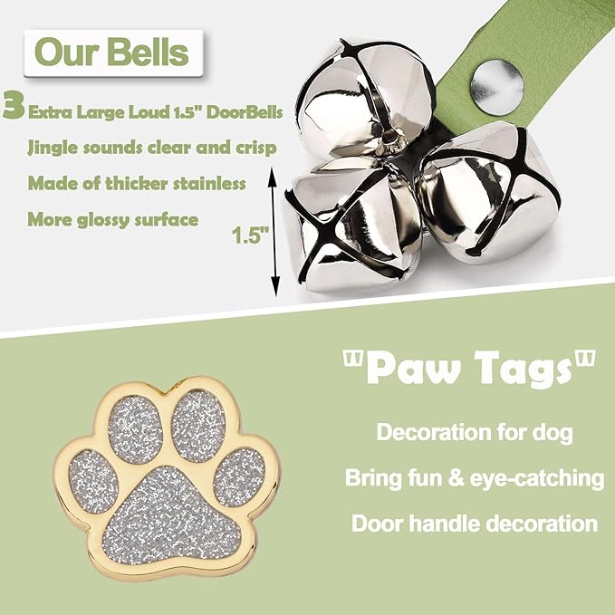 Leather Dog Bells, Puppy Potty Training Bell Dog Doorbell Potty Train Dog Bell for Potty Training Door Bells for Dogs to Ring to Go Outside Jingle Bells (Leather Green, Paw 1 PCS)