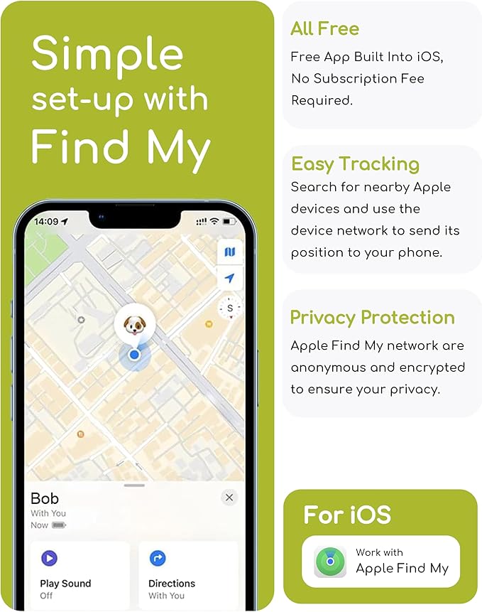 Dog Tracker, Smart Dog Collar with Real-time Pet Location, Cat Tracker Collar (iOS Only), No Monthly Fee & Long Battery Life, Works with Find My, Ideal for Dog/Cat (White)