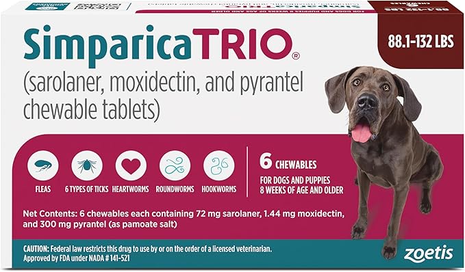 Simparica Trio (sarolaner, moxidectin, and pyrantel chewable Tablets) Chewables for Dogs, 72 mg/tab, 88.1-132 lbs, (Brown), 6 Tablets