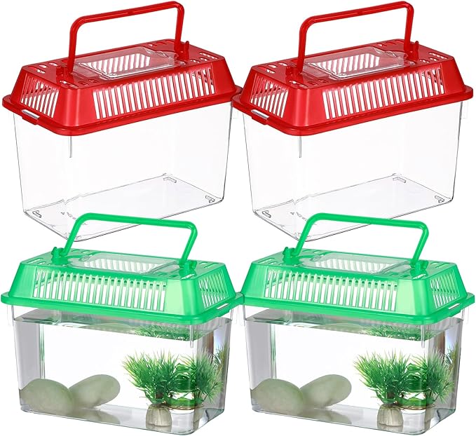 4Pcs Portable Fish Tank with Handle, 5.9-Inch Small Plastic Reptile Carrier for Travel, Transparent Critter Keeper for Betta Fish, Turtles & Hamsters, Mini Pet Habitat Breeding Box