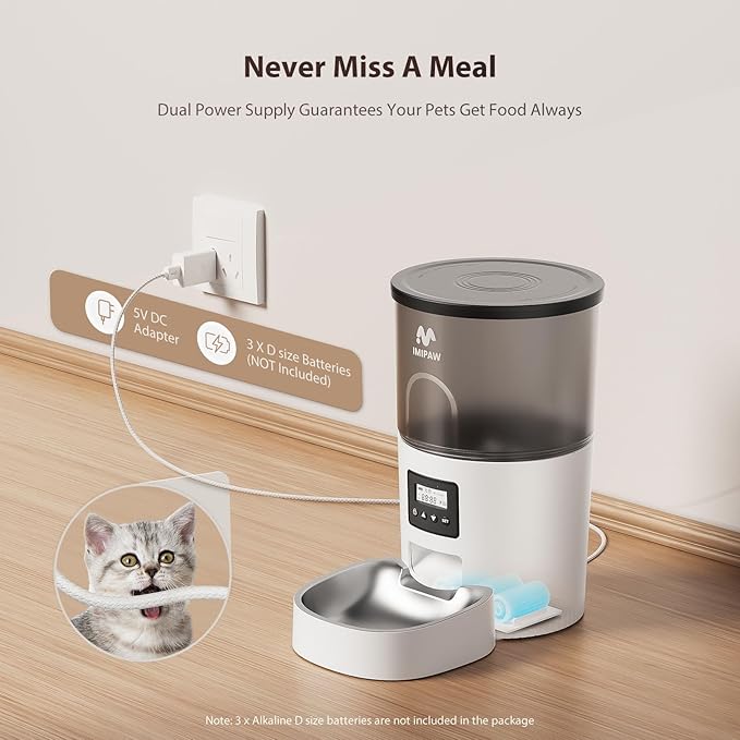 IMIPAW Automatic Cat Feeder, 3L Timed Pet Dry Food Dispenser with Clog-Free Design, Programmable, Dual Power Supply, Desiccant Bags, Auto Feeder for Cats, 1-6 Meals Per Day, with Stainless Steel