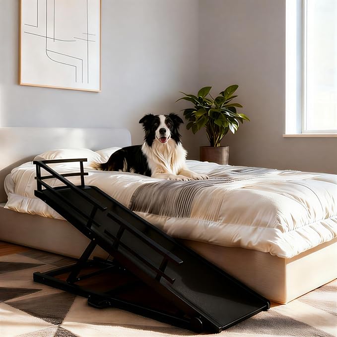 CypherX Dog Ramp for Couch or Bed, 18" W Folding Wooden Pet Ramp with Anti-Slip Rubber Mat & 3 Removable Safety Side Rails, 6 Adjustable Height from 17" to 29" for Small & Large Dogs & Cats