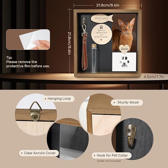 Cat Memorial Gifts for Loss of Cat, Pet Memorial Gifts for Cats, 8.6'' Shadow Box with Wooden Sculptures, Fur Jar, Sympathy Gift for Tabletop Display & Wall Hanging
