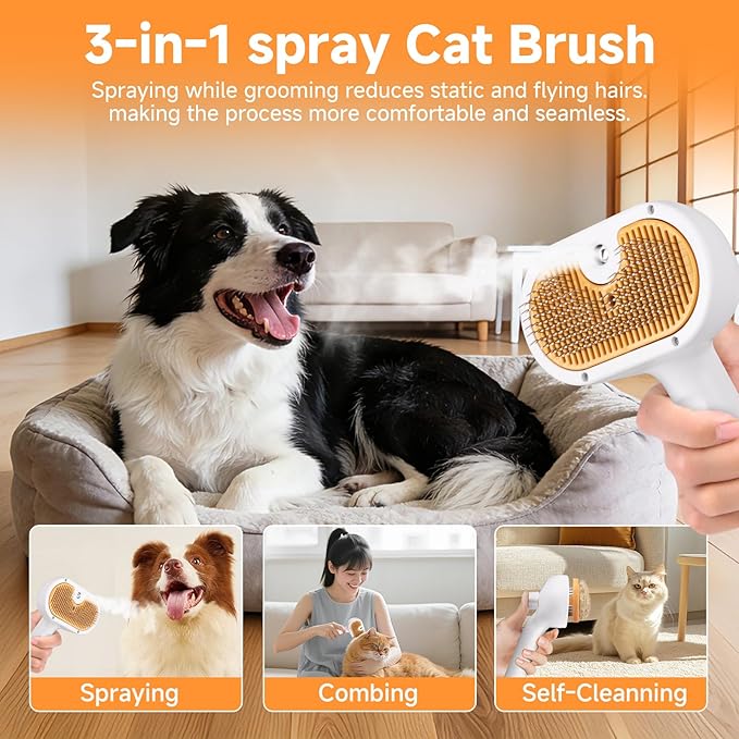 Pet Steam Brush for Dog & Cat – shower bath brush – Steam for Shedding & Grooming Water Brush for Long & Short Haired Pets Spritz Defur Comb 3-in-1 Spray Hair Removal Comb