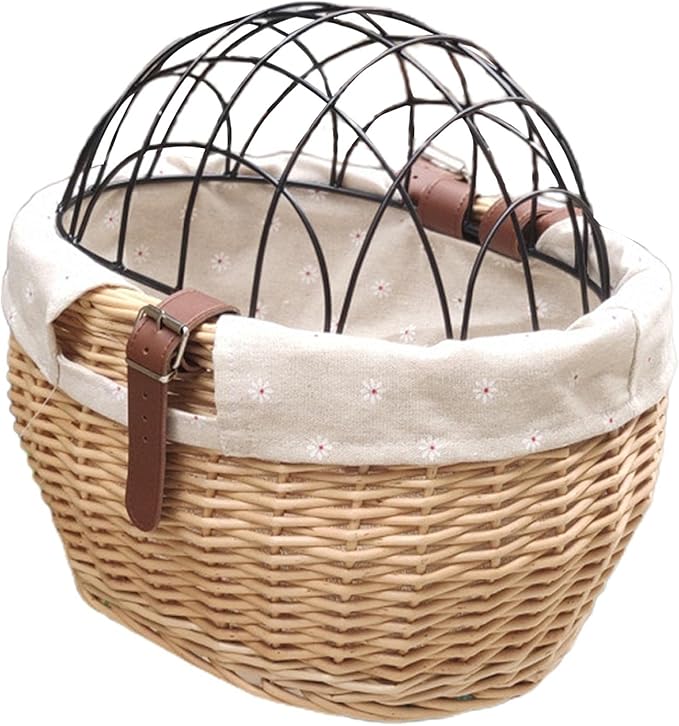 Wicker Bike Basket for Small Dogs Cats Pet Carrier Bicycle Front Basket with Wire Mesh Cover, 30*25cm