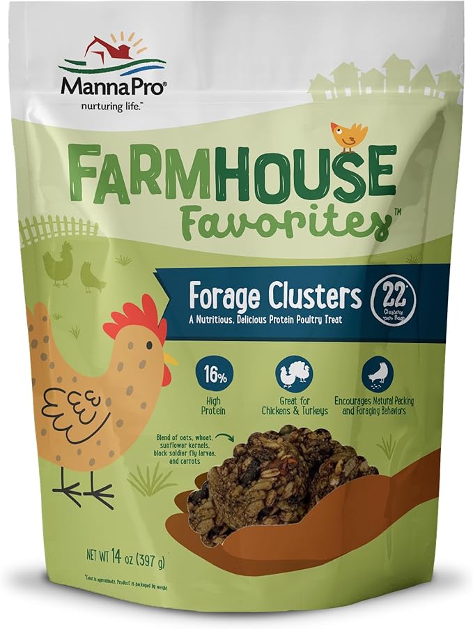 Manna Pro Farmhouse Favorites Forage Clusters for Chickens and Turkeys, Approx. 22 High-Protein Clusters with Black Soldier Fly Larvae, Carrots, Oats & Sunflower Kernels, Nutritious Poultry, 14oz