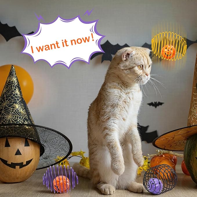 Jecery 5 Pcs Cat Spring Balls Toys Stretchable Rolling Balls Colorful Playful Coils Interactive Action Toy Caged Rats for Kitten Pet Supplies (Bell,Halloween Colors)