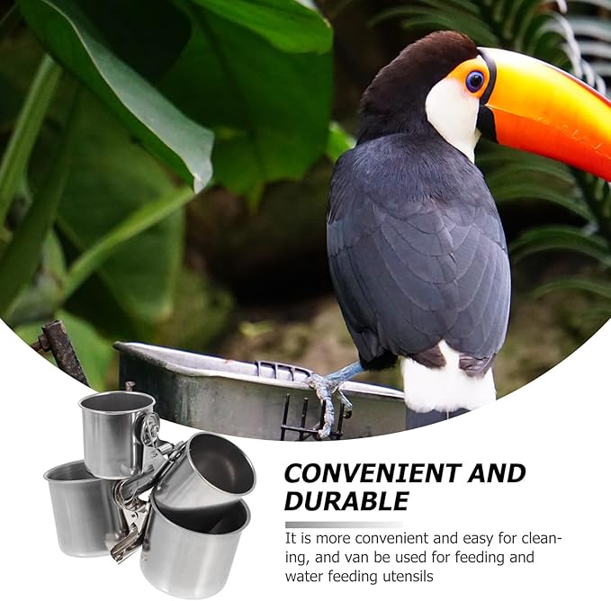 POPETPOP 2pcs Stainless Steel Bird Feeder Bowls with Clamp 5.5cm and 7cm Feeding Cups for Parrots and Small Birds for Feeding and Watering Supplies