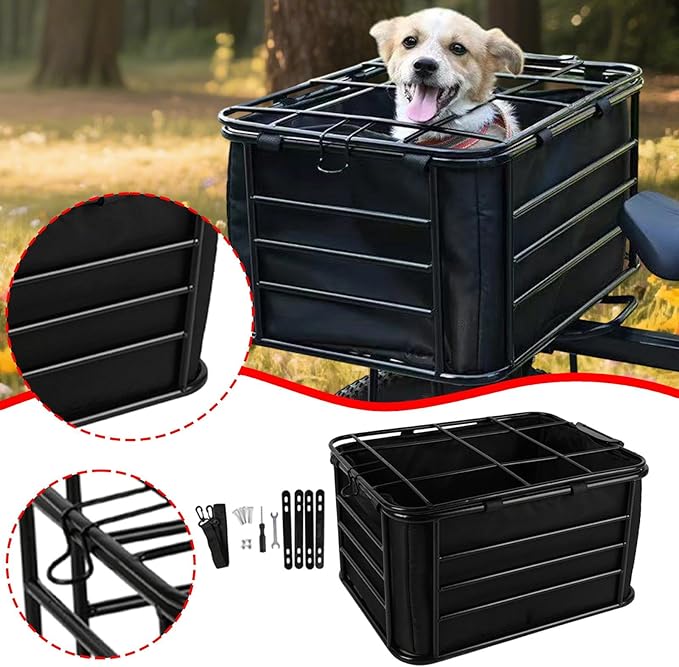 Bike Rear Basket Dog Carrier Heavy Duty Bicycle Cargo Rack Bicycle Storage Basket for Outdoor, Travel Hiking, Shopping Dogs