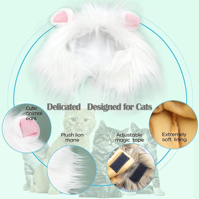 Lion Mane Wig for Cat,Dog and Cat Costume,Funny Pet Cat Costumes for Halloween Christmas, Parties, Photo Shoots (Size M, White with Pink)