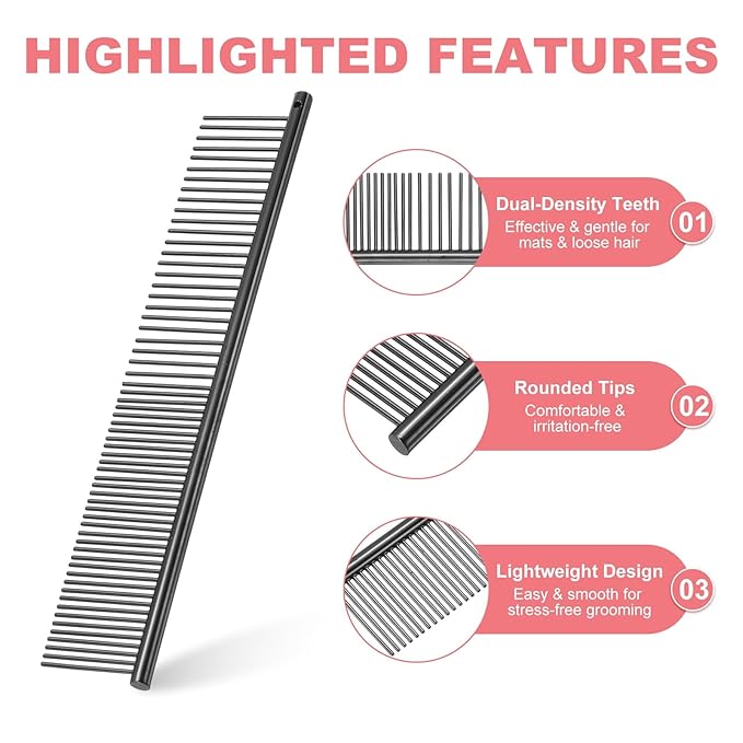 Dog Cat Comb, Pet Combs Stainless Steel Teeth with Rounded Ends for Knots Mats Loose Hair Removal, 6.5/7.5IN (Black Plated, 2 Pack), Grooming Tool Intended for Long Curly Hair Pet