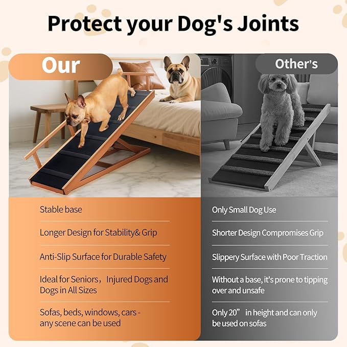 Dog Ramps for Beds, 64" Long Foldable Pet Ramps for Large Dogs, Portable Wooden Dog & Cat Ramps for Couch, Furniture-Grade Dog Step Adjustable Height W/Non Slip Mat & Safety Side Rails