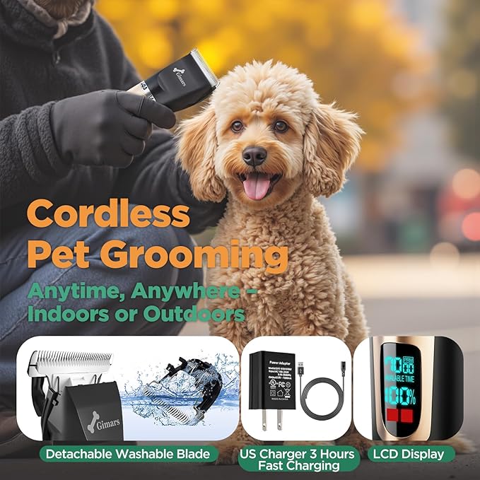 Gimars 4 in 1 Dog Grooming Clippers with Small Trimmer, 7000RPM High-Power 4-Speed Quiet Pet Shaver (≤55dB), Cordless Rechargeable Dog Hair Clippers for Thick Coats with Scissors, Comb & USB