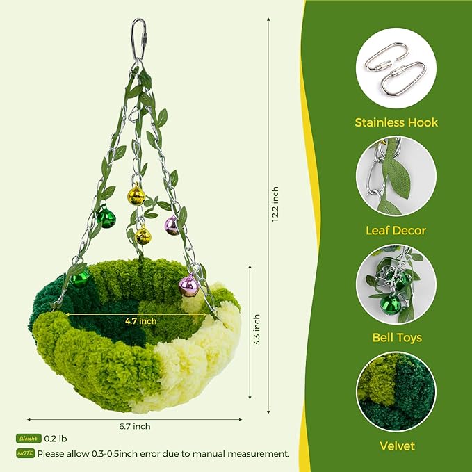 Bird Nest with Bell for Cage,Plush Hanging Bird Bed for Parakeet Indoor & Outdoor,Breeding Bird House for Conure,Budgie,Cockatiel,Lovebird,Canary,Finch,Hamster,Small Pets,Warm Nest,Green L