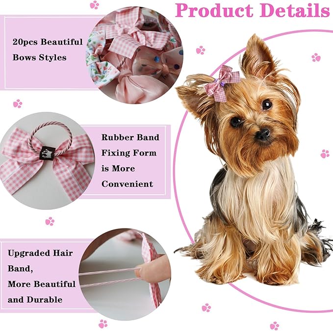 Dog Hair Bows, 20pcs Cute Mixed Styles, Puppy Hair Accessories, Rubber Bands, Handmade for Yorkie, Girl Dogs