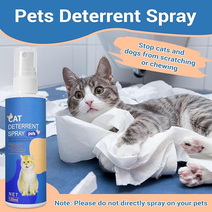 Cat Deterrent Spray, Cat Repellent Spray for Indoor Outdoor Use, No Chew Spray for Dogs & Cats, Cat Scratch Furniture Protector, 120 ML