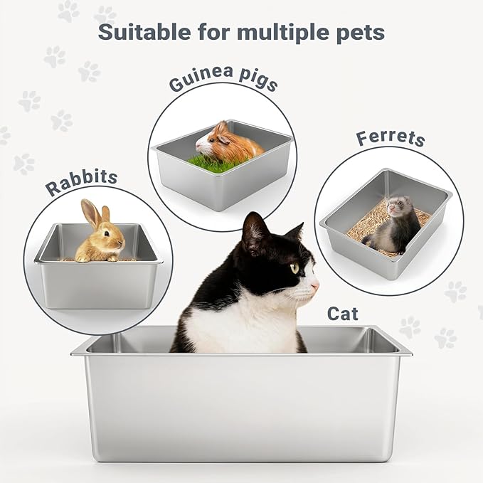 Kirecoo Stainless Steel Cat Litter Box, Large Metal High Sided Cat Pan Box, Indoor Litter Tray, Non Stick, No Smell, Easy to Clean, Pet Toilet Supplies for Cats