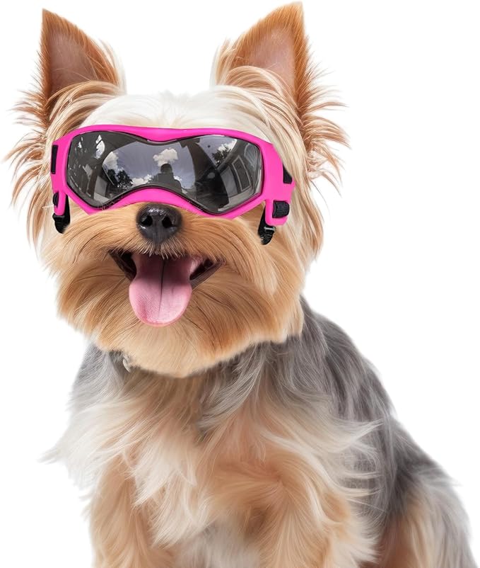 Small Breed Dog Goggles, Pink Sunglasses with UV Protection and Adjustable Straps