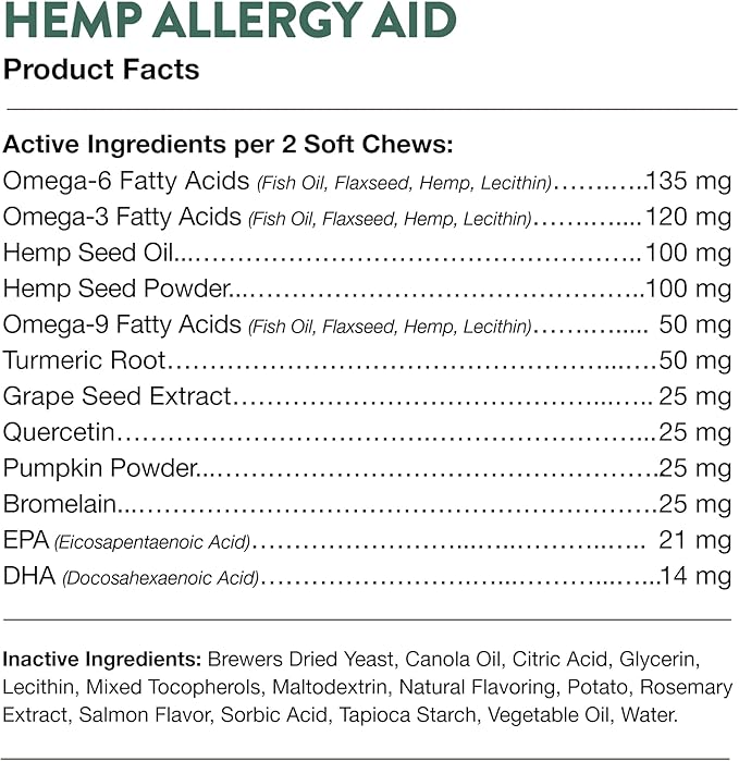NaturVet Hemp Allergy Aid Plus Hemp Seed Soft Chews for Cats, 60 ct, Made in The USA