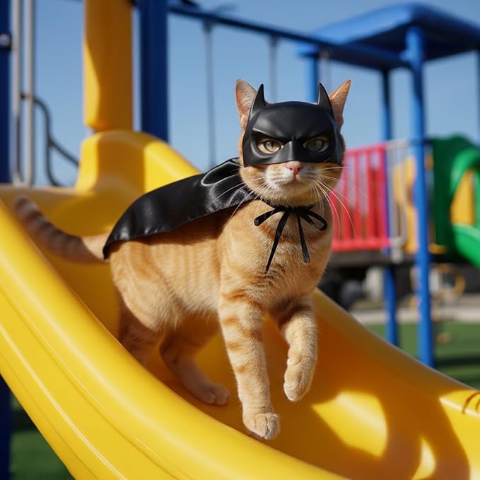 Black Bat Cat Mask and Cloak Costume for Indoor Cats, Funny Superhero Pet Outfit for Christmas, Cosplay, Parties and Photoshoots, Hooded Cape for Cats – Big Size