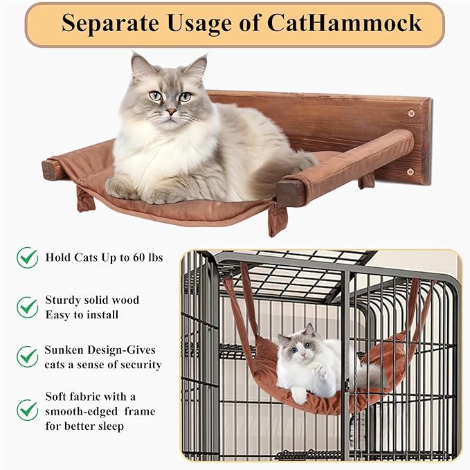 JSPYFITS Wooden Cat Wall Hammock, 18.9 x 12.6 Inch Double Layer Cat Furniture Hammock, Large Removable Multi-Function Cats Bed for Sleep/Play/Climb/Lounge Easy DIY Installation(Brown)