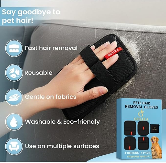 4 Pcs Pet Hair Removal Glove for Dogs & Cats, 4 Designs Electrostatic Magic Brush Pet Hair Remover, Reusable Dog Hair Remover, Washable Pet Grooming Tools for Carpet, Sofa, Clothes & Car Seats