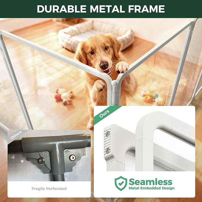FXW AuraSpace Pro Metal & Acrylic Indoor Dog Playpen, All-Acrylic Clear Heavy-Duty Design, 40" Height 8 Panels for Medium and Large Dogs, White│Patented