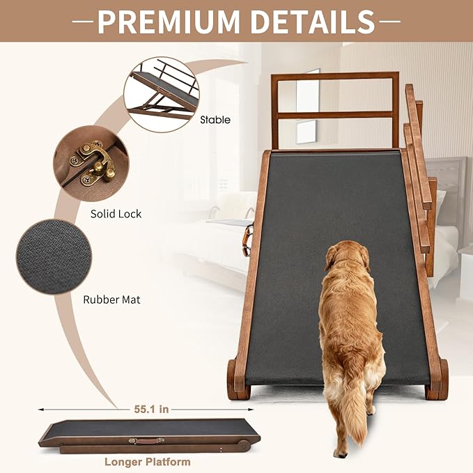 SLSY Dog Ramp for Beds & Couches, Folding Adjustable Pet Ramp with Non-Slip Rubber Mat, 55" Long, 5 Heights (15.7"–27.5"), Wooden Ramp Supports Up to 220 lbs for Dogs & Cats (Brown)