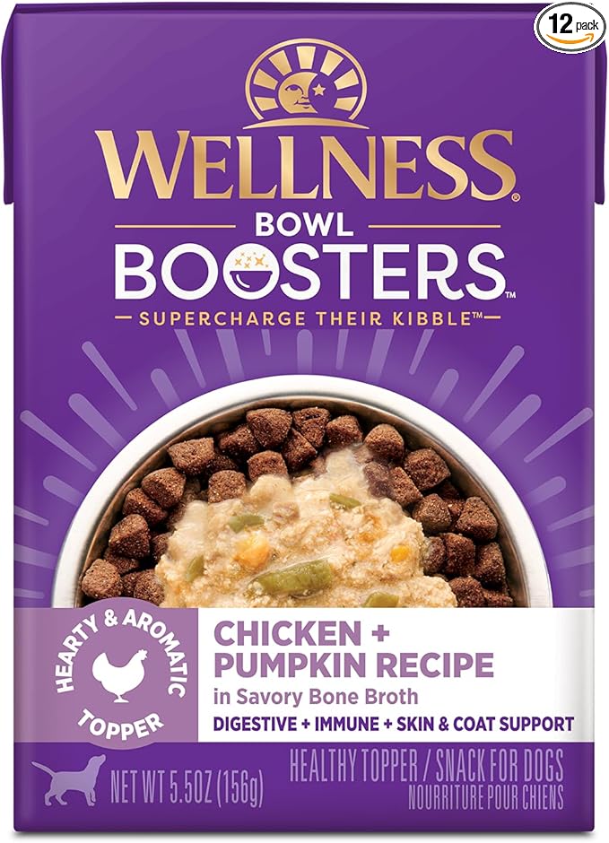 Wellness Bowl Boosters Hearty Topper Wet Dog Food for Small, Medium, and Large Breeds, Grain Free, Natural, Chicken and Pumpkin Recipe, 5.5 oz, Pack of 12