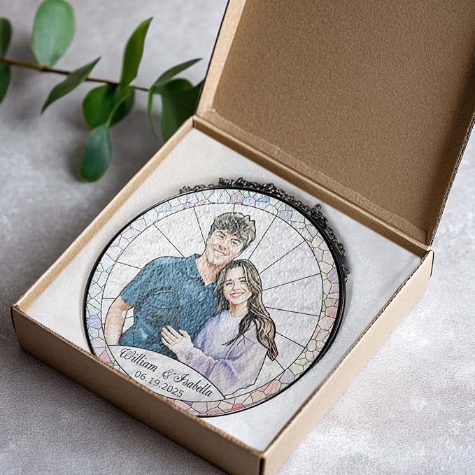 LOVELYPOD Stained Glass Custom Photo Suncatcher Couple Gift, Wedding Anniversary, Couple Potrait Window Decor Gifts for Husband Wife, Grandparents Gifts, Christmas Ornament for Family