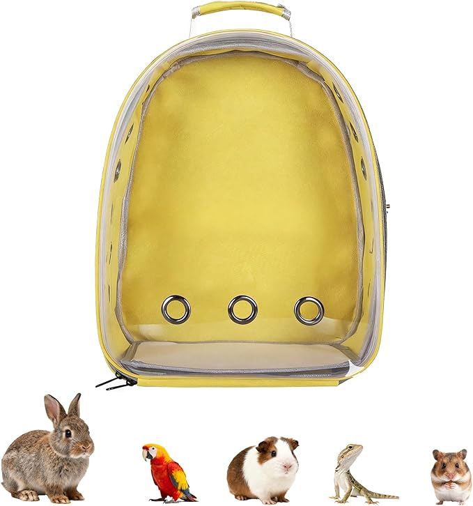 Transparent Parrot Backpack,12 Holes Ventilate Space Capsule Carrier,Stick Wooden Standing Perch,Portable Double Shoulder Outdoor Pet Backpack Carrier for Birds and Pets (Yellow,Without Stick)