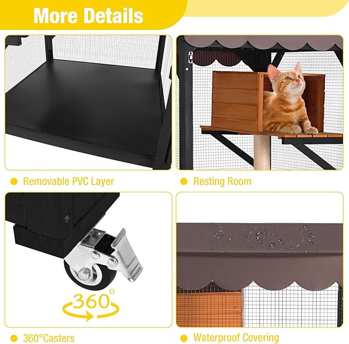 Aivituvin Catio Outdoor Cat Enclosure on Wheels Indoor Kitty House with Cat Bed, Scratching Post, Jumping Platforms, Waterproof Roof