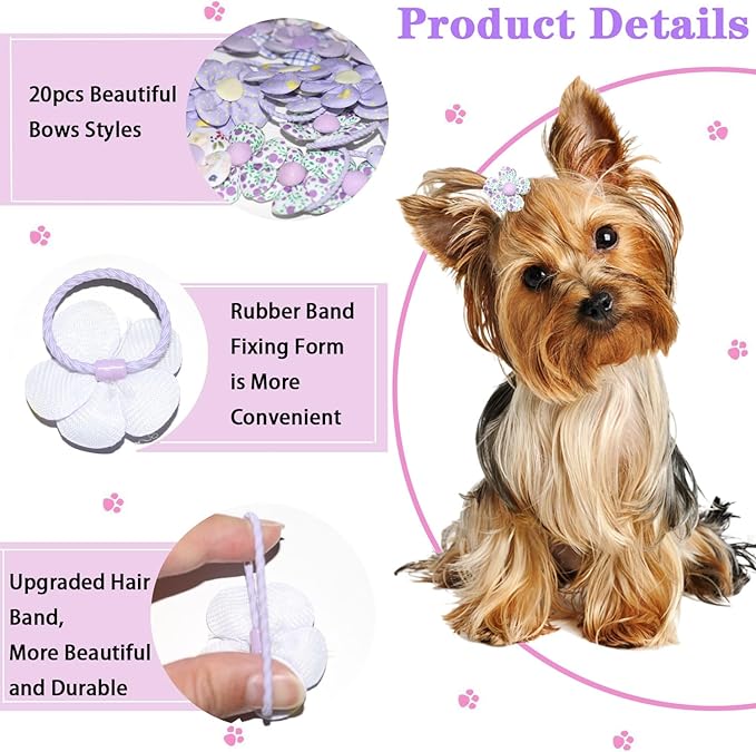 20 Pcs Handmade Cute Puppy Hair Bows, Flower Bowknot with Rubber Bands for Small Dog Hair Ties Accessories Hibiscus Purple