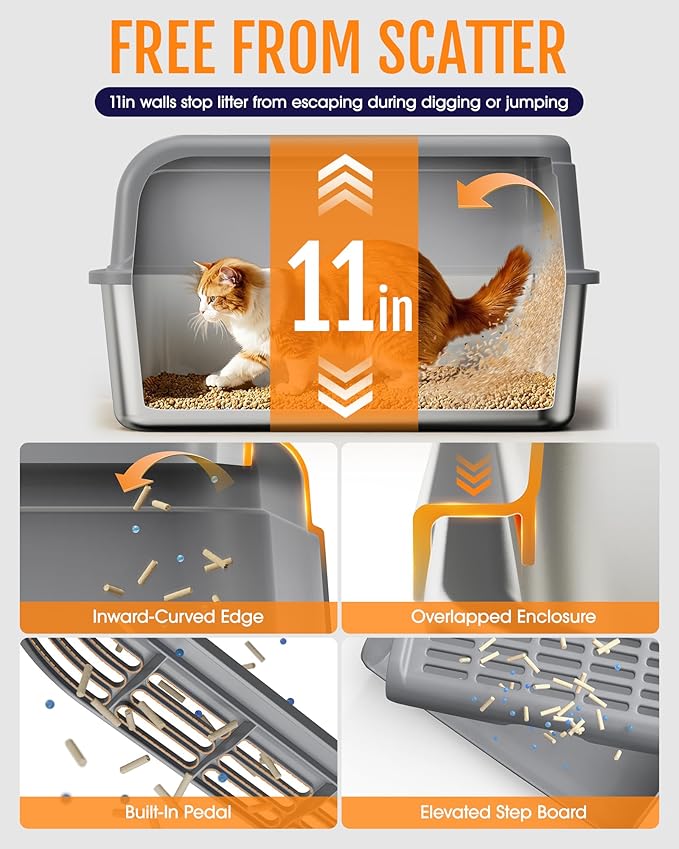Cat Litter Box - Stainless Steel Litter Box with Scatter-Proof Elevated Step Board for Kitty Use, Robust & Non-Sticky Metal Cat Box with Scoop, Grey