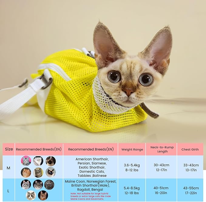 Cinf Cat Bathing Bag(Free Muzzle) Breathable Mesh Anti Scratch Adjustable Cat Grooming Bag for Nail Trimming, Bathing Soft Cat Washing Bag(Yellow) L
