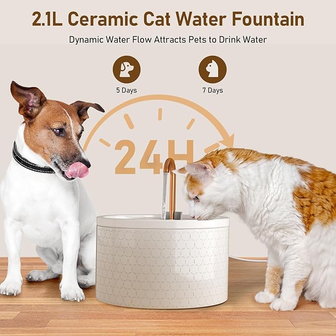 DOOOB Ceramic Cat Water Fountain, 2.1L/71oz Cat Fountain, Automatic Ceramic Water Fountain for Cats, Pet Water Fountain with Ultra-Quiet Pump and 3 Filters & 3 Sponges (Honeycomb Embossed)