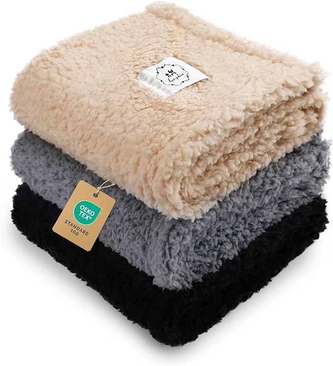1 Pack 3 Calming Blankets Fluffy Premium Fleece Pet Blanket Soft Sherpa Throw for Dog Puppy Cat Beige/Black/Grey Medium (30" x20'')