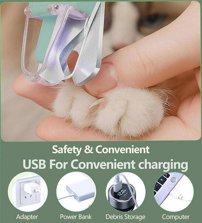 2-in-1 Dog Nail Clipper & Nail Grinder with 2 LED Lights Splash Guard for Large Medium Small Cats Dogs Pets Paw Trimmer Claw Grinders USB Rechargeable (Green)