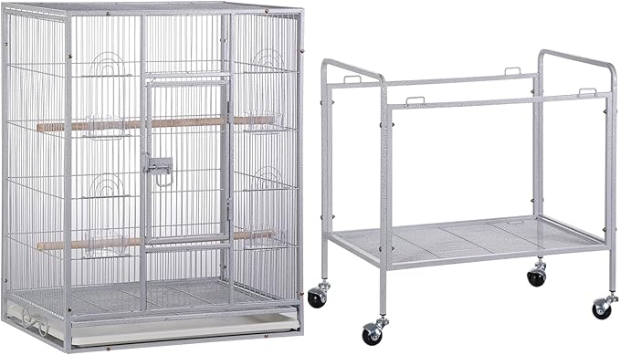 Nova Microdermabrasion 53-Inch Rolling Bird Cage, Wrought Iron Large Cage with Stand and Storage Shelf for Parrots, Cockatiels, Parakeets, and Macaws (White)