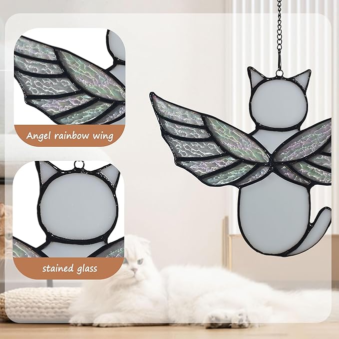Angel Rainbow Wing Memorial Gifts - Stained Glass Cat Suncatcher, Loss of Cat Sympathy Gift (White)