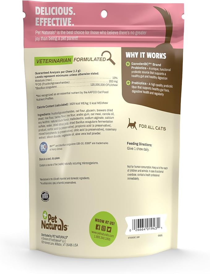 Pet Naturals Probiotic for Cats – 160 Soft Chews, Cat Prebiotic, Daily Digestive & Gut Health Support, 100M CFUs with Immune Support for Stool Balance & Sensitive Stomachs, Duck Flavor, for All Cats