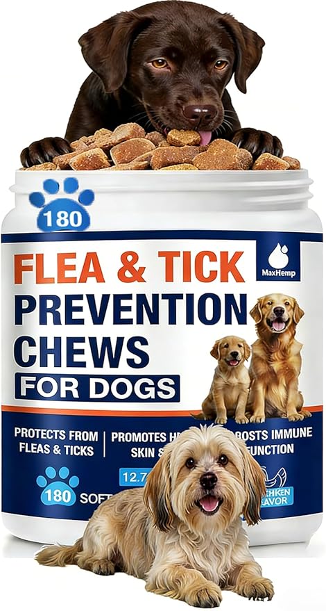 Flea and Tick Prevention for Dogs Chewables-180 Cts, Natural Dog Flea and Tick Treatment, Oral Flea Pills for Dogs Puppy, Skin & Coat Support Supplement, Soft Chews, Chicken Flavor