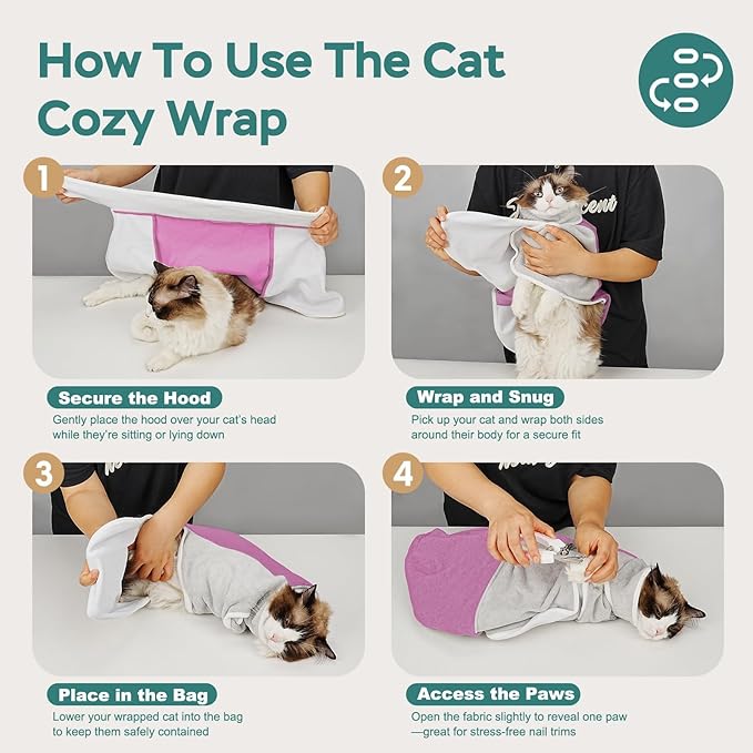 Self-Adhesive Cat Grooming Wrap, Cozy Cat Wrap for Cutting Nails, Breathable Anti-Scratch Cats Swaddle Bag for Brushing, Ear Cleaning, Dental Care, Medication, Injections,Pinkish Purple L
