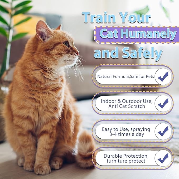 Cat Deterrent Spray, Natural Anti Scratch Cat Spray, Effective Cat Bitter Spray for Chewing & Scratching Keep Off Cat Indoor or Outdoor, Protect Furniture, Curtain, Floor & Plant，100 Ml