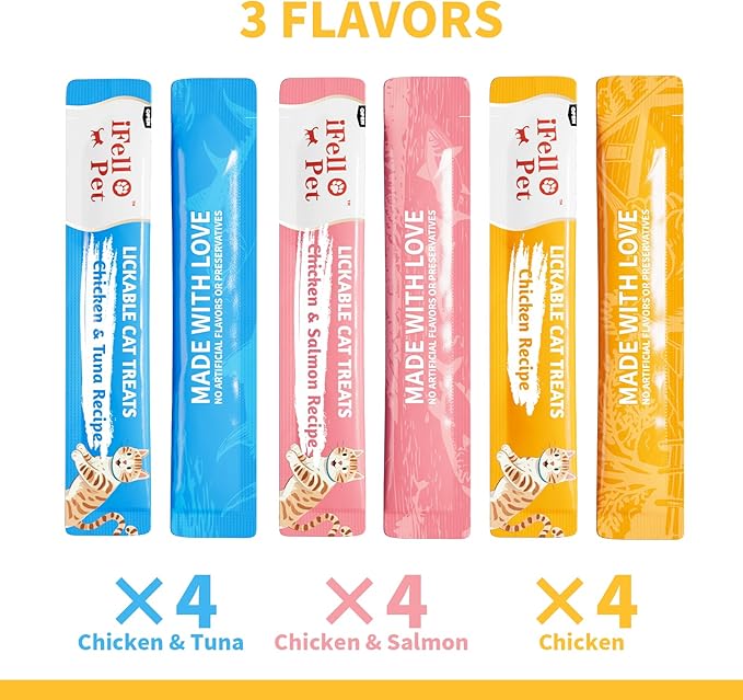 High-Meat Lickable Cat Treats Variety Pack – Real Chicken & Seafood – Smooth Creamy Purée – Grain-Free – 12 Tubes (15g Each)