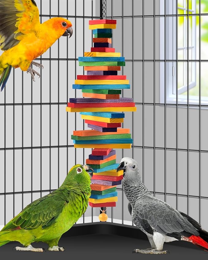 Bissap Bird Chew Toys, Multicolored Bagel Cascade Bird Parrot Chewing Sticks Biting Wooden Blocks Toy for Medium Amazon Cockatiels Cockatoos Macaws and Similar Sized Pet Birds