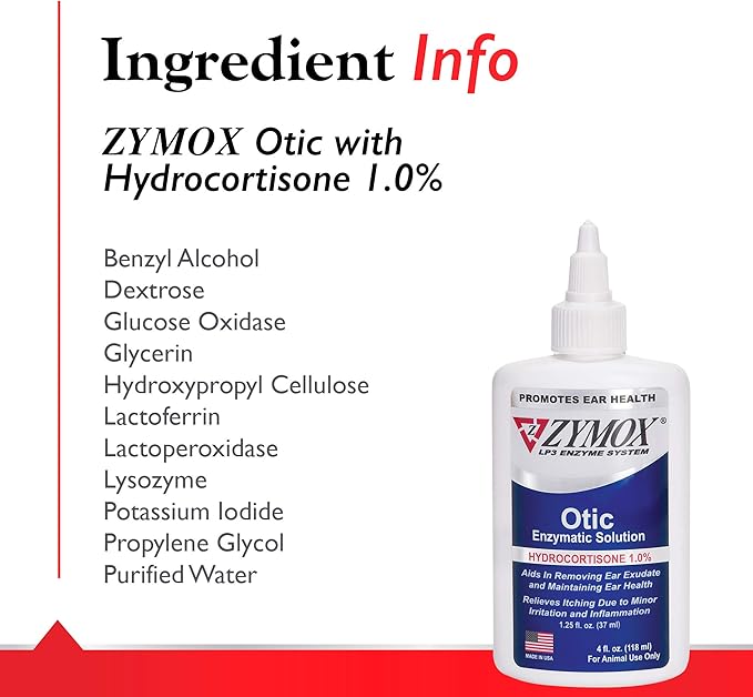ZUMOX Otic Enzymatic Solution for Dogs and Cats to Soothe Ear Infections with 1% Hydrocortisone for Itch Relief, 4oz