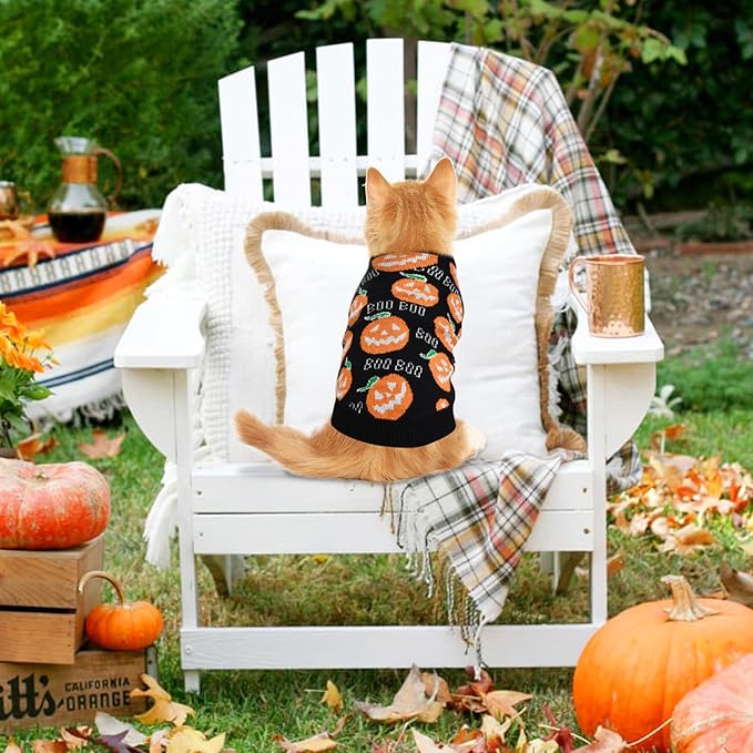 Pet Puppy Dog Halloween Sweater Cat Pumpkin Knitwear Clothes Costume with Cute Boo Pattern Halloween Sweater Coat for Kittens Small Dogs Cats XL