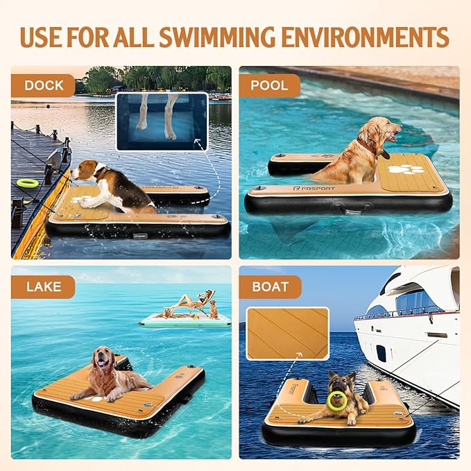 FBSPORT Inflatable Dog Boat Ramp Floating Dock Water Ladder for Pool, Boat, Non-Slip EVA Floating Ladder Pool Ramp for Dog Up to 220 LBs, Safe & Easy Access